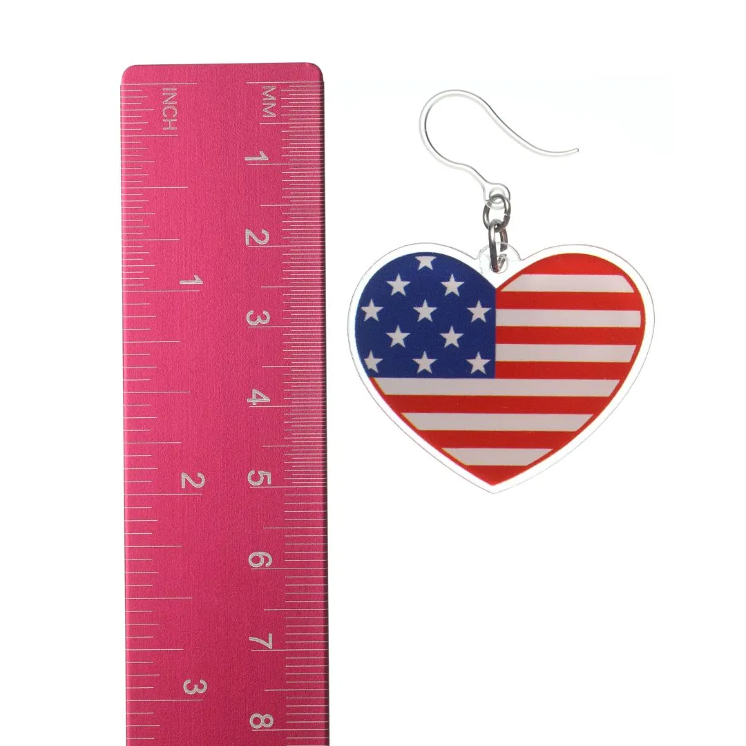 Patriotic Heart Dangles Hypoallergenic Earrings for Sensitive Ears Made with Plastic Posts