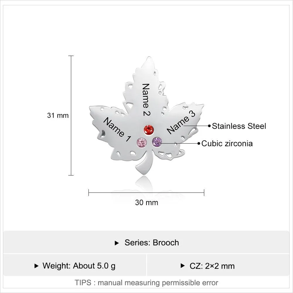 Personalized Engraving Name Maple Leaf 3 Birthstone Brooch for Women