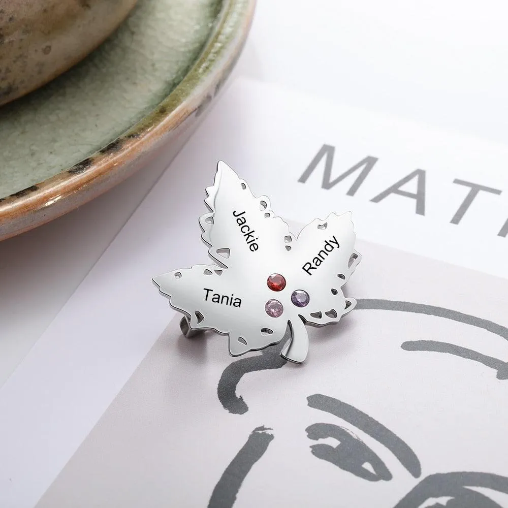Personalized Engraving Name Maple Leaf 3 Birthstone Brooch for Women