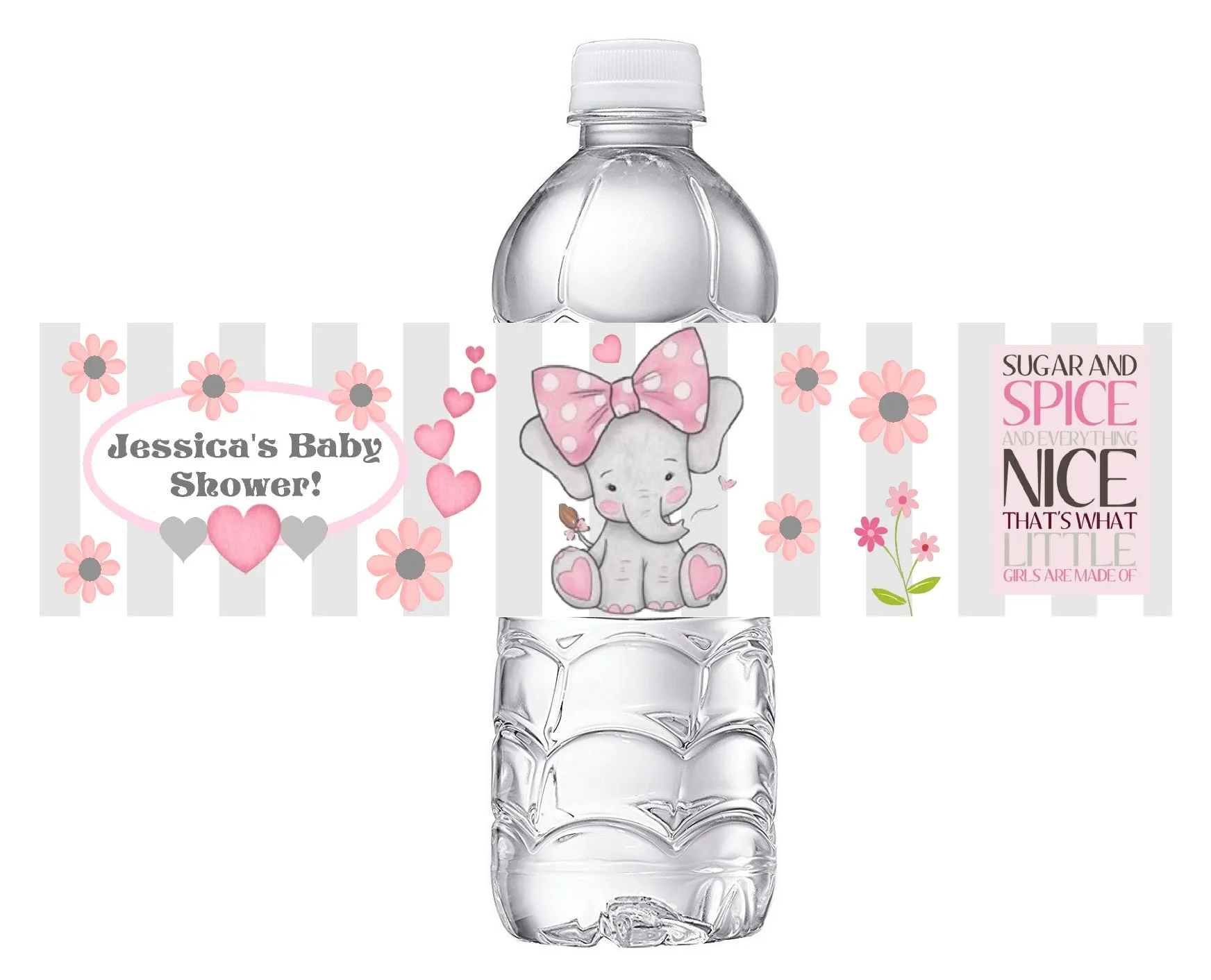 Pink and Gray Grey Elephant Elephants Girl Party Favors Baby Shower Water Bottle Labels Wrappers Supplies Personalized ideas decor