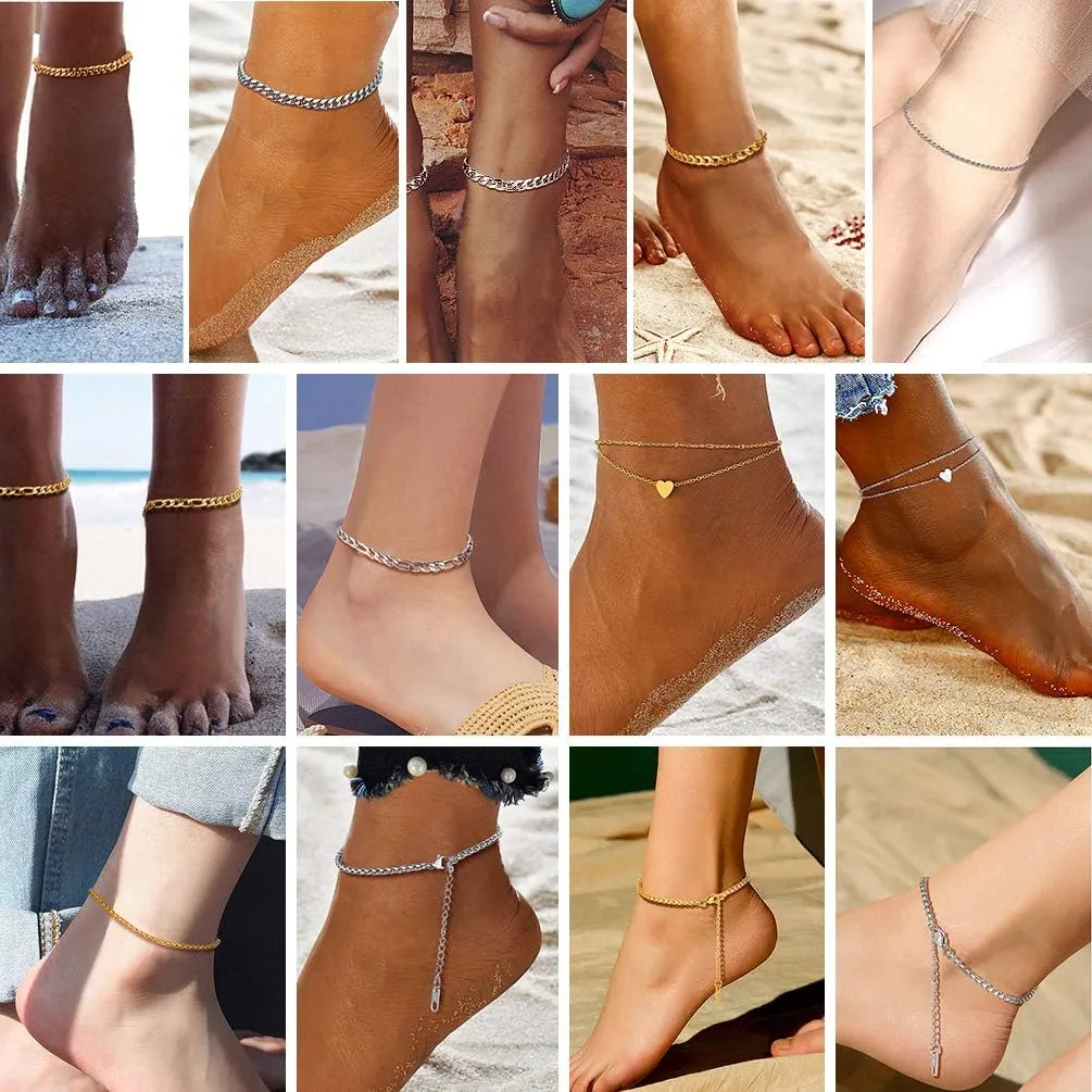 PROSTEEL Stainless Steel Chain Anklets for Women, Silver/Gold Tone, Ankle Bracelets Hypoallergenic, 8-10.5 Inch Adjustable, Come with Box