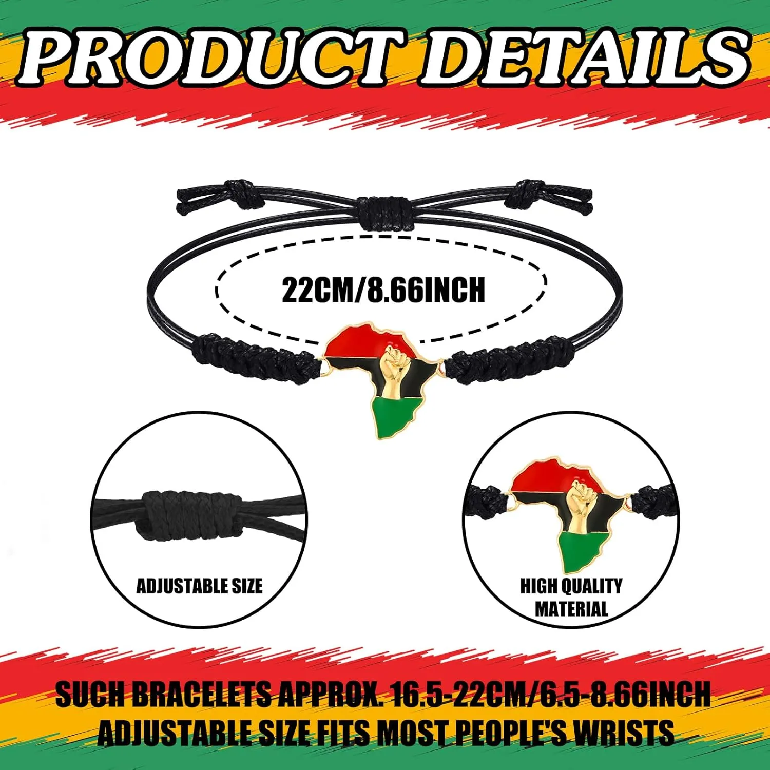 Sasylvia 20/48/100 Pcs Juneteenth Bracelets Bulk Adjustable Cord Stretch Black African Afro American Independence Day Juneteenth Party Supplies Freedom Day Gifts for Adults Teens Jewelry