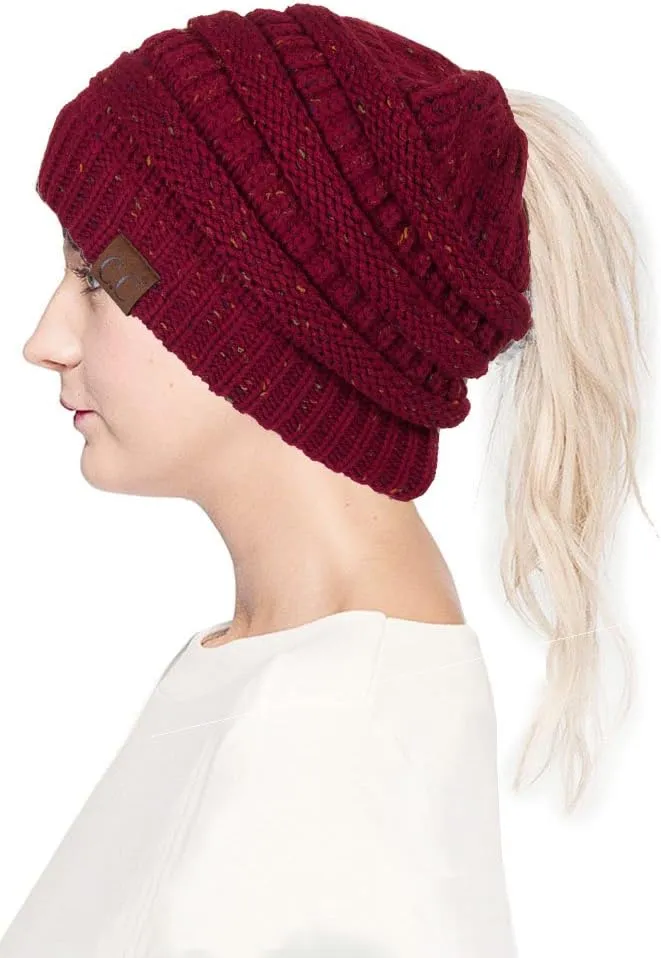 ScarvesMe Women Confetti BeanieTail Ponytail Messy Bun Solid Ribbed Beanie Hat Cap