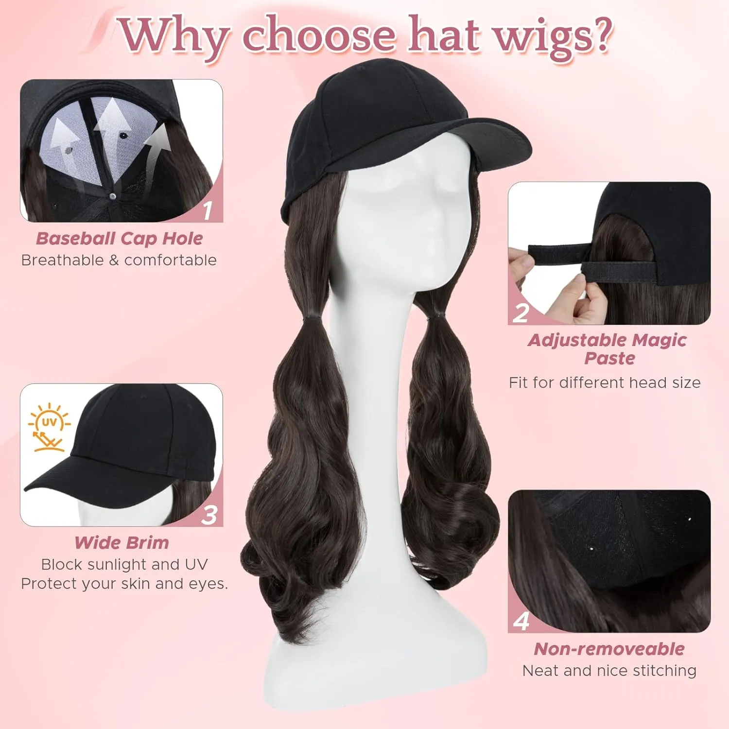 SEGO Hat Wig, Hat with Hair Attached for Women Black Baseball Cap with Hair Extensions, Long Wavy Baseball Cap Wig Adjustable Hats for Daily Party #4A