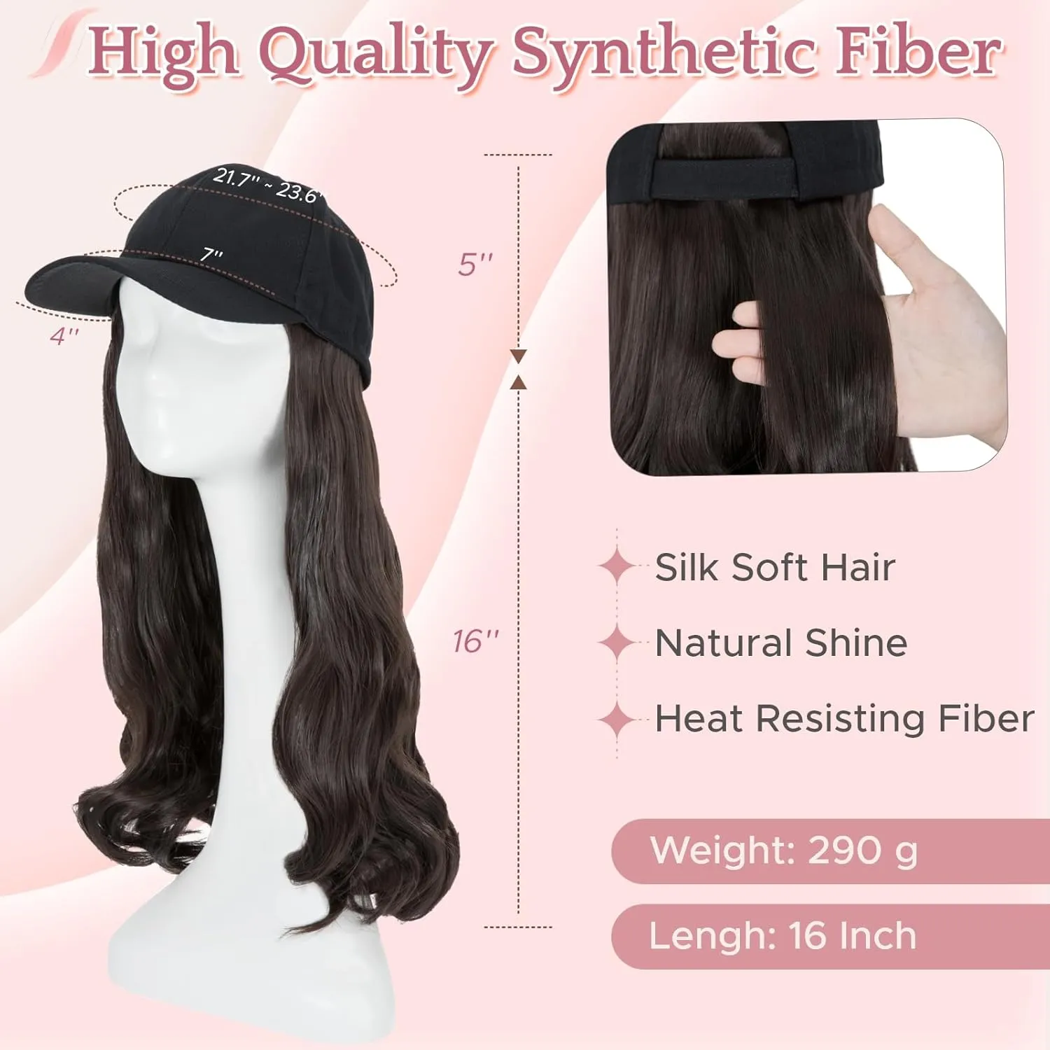 SEGO Hat Wig, Hat with Hair Attached for Women Black Baseball Cap with Hair Extensions, Long Wavy Baseball Cap Wig Adjustable Hats for Daily Party #4A