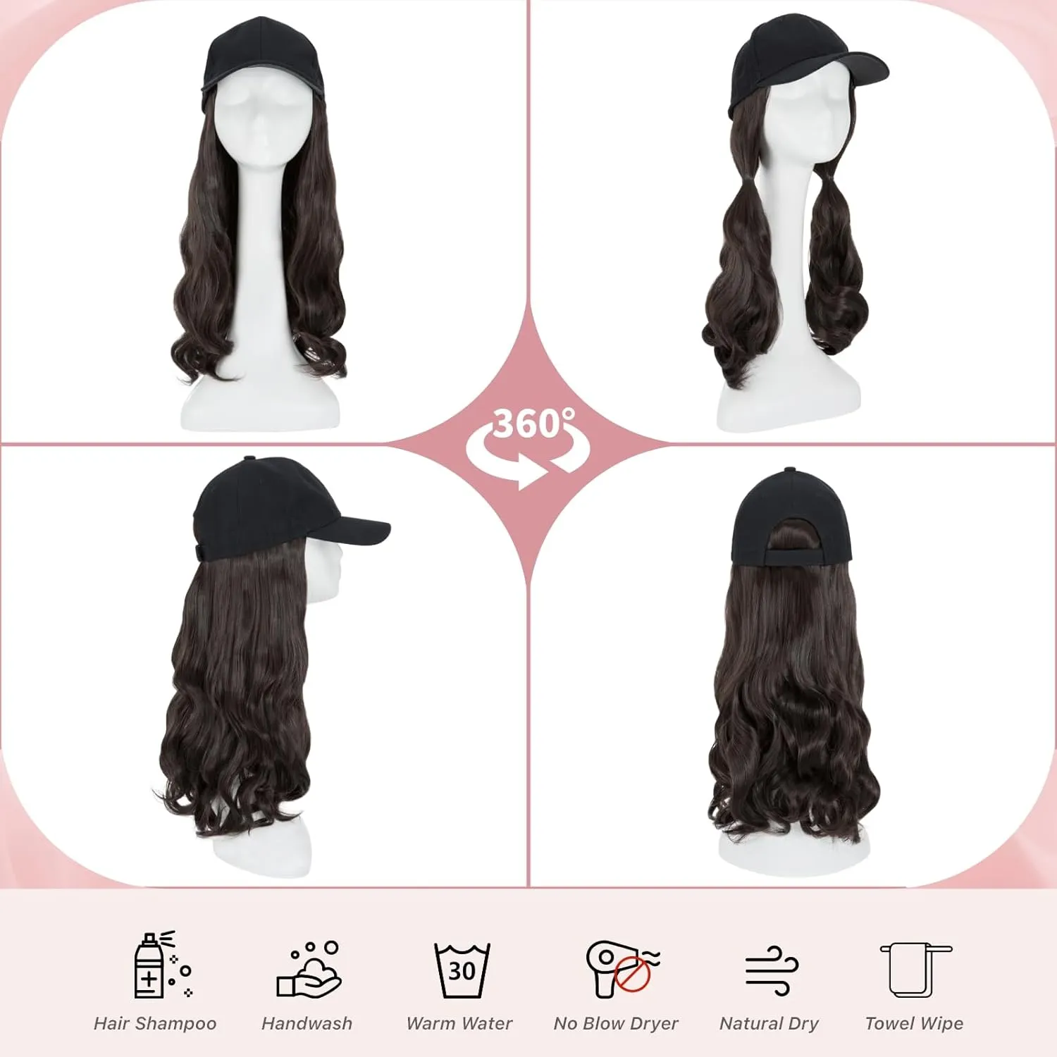 SEGO Hat Wig, Hat with Hair Attached for Women Black Baseball Cap with Hair Extensions, Long Wavy Baseball Cap Wig Adjustable Hats for Daily Party #4A