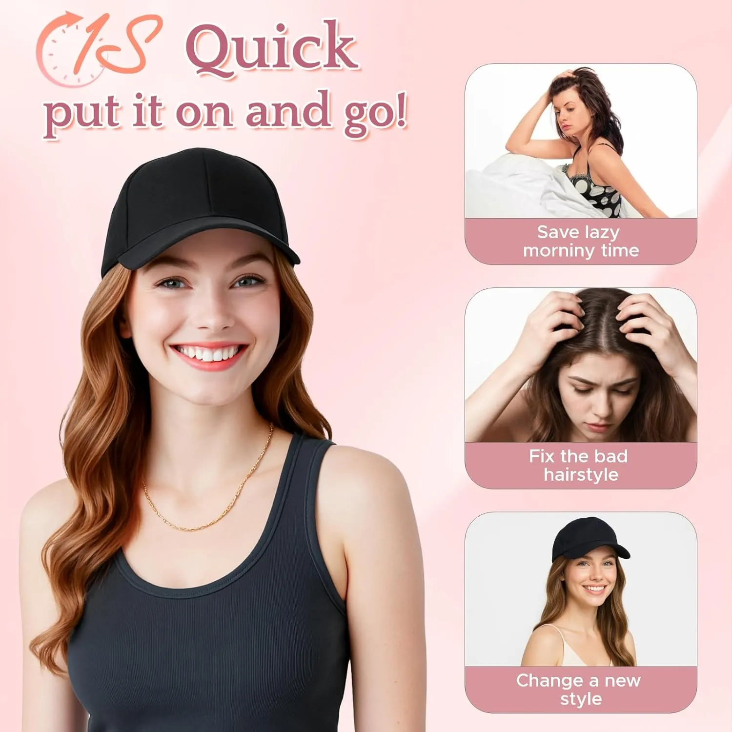 SEGO Hat Wig, Hat with Hair Attached for Women Black Baseball Cap with Hair Extensions, Long Wavy Baseball Cap Wig Adjustable Hats for Daily Party #99J