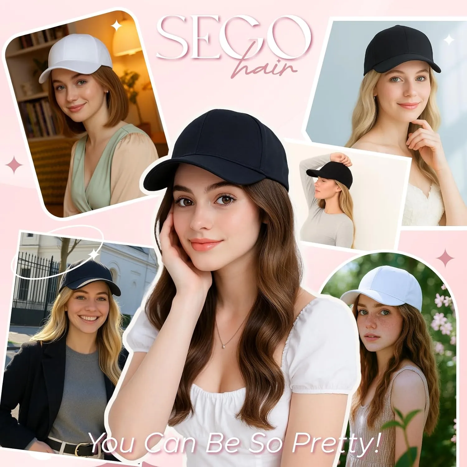 SEGO Hat Wig, Hat with Hair Attached for Women Black Baseball Cap with Hair Extensions, Long Wavy Baseball Cap Wig Adjustable Hats for Daily Party #99J