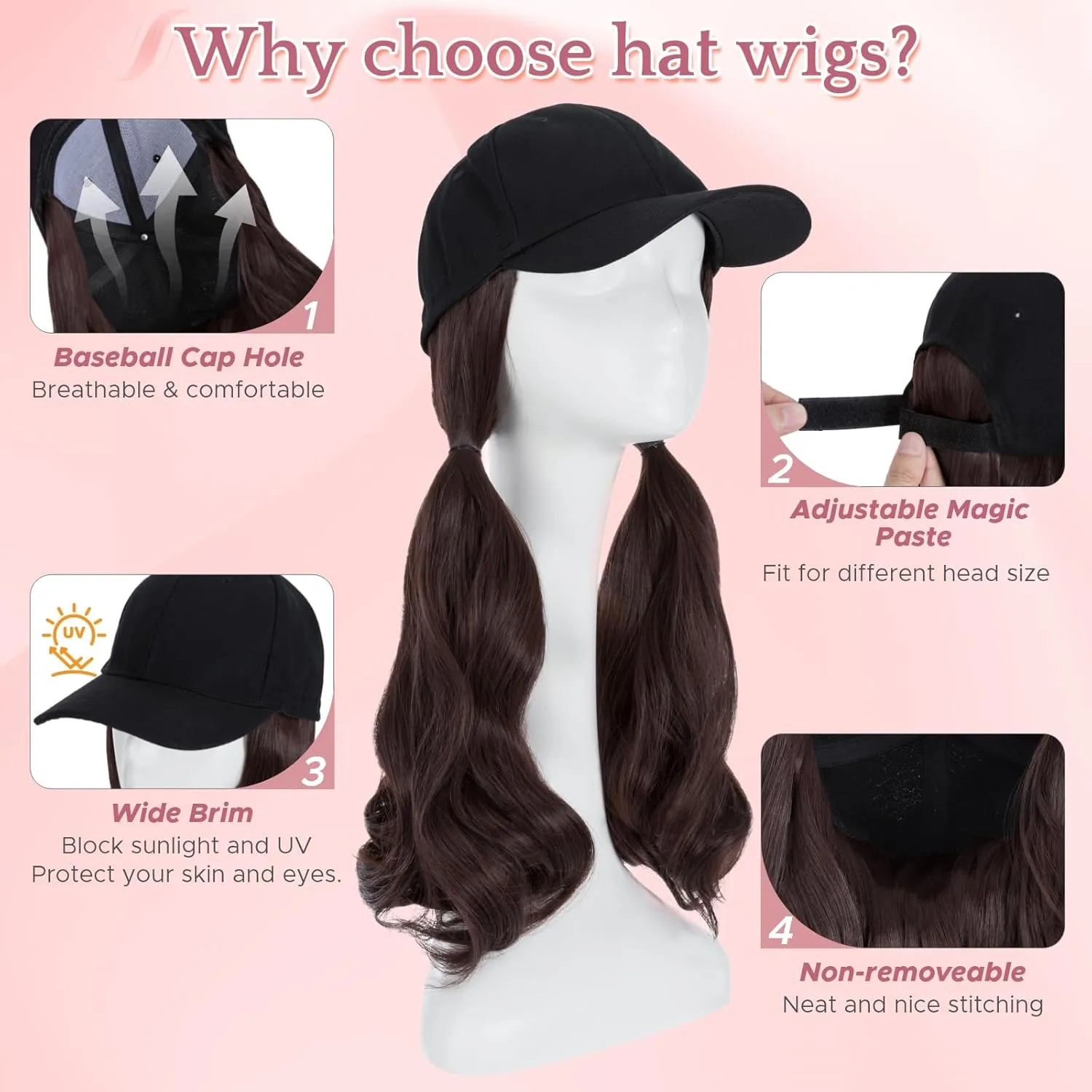 SEGO Hat Wig, Hat with Hair Attached for Women Black Baseball Cap with Hair Extensions, Long Wavy Baseball Cap Wig Adjustable Hats for Daily Party #99J