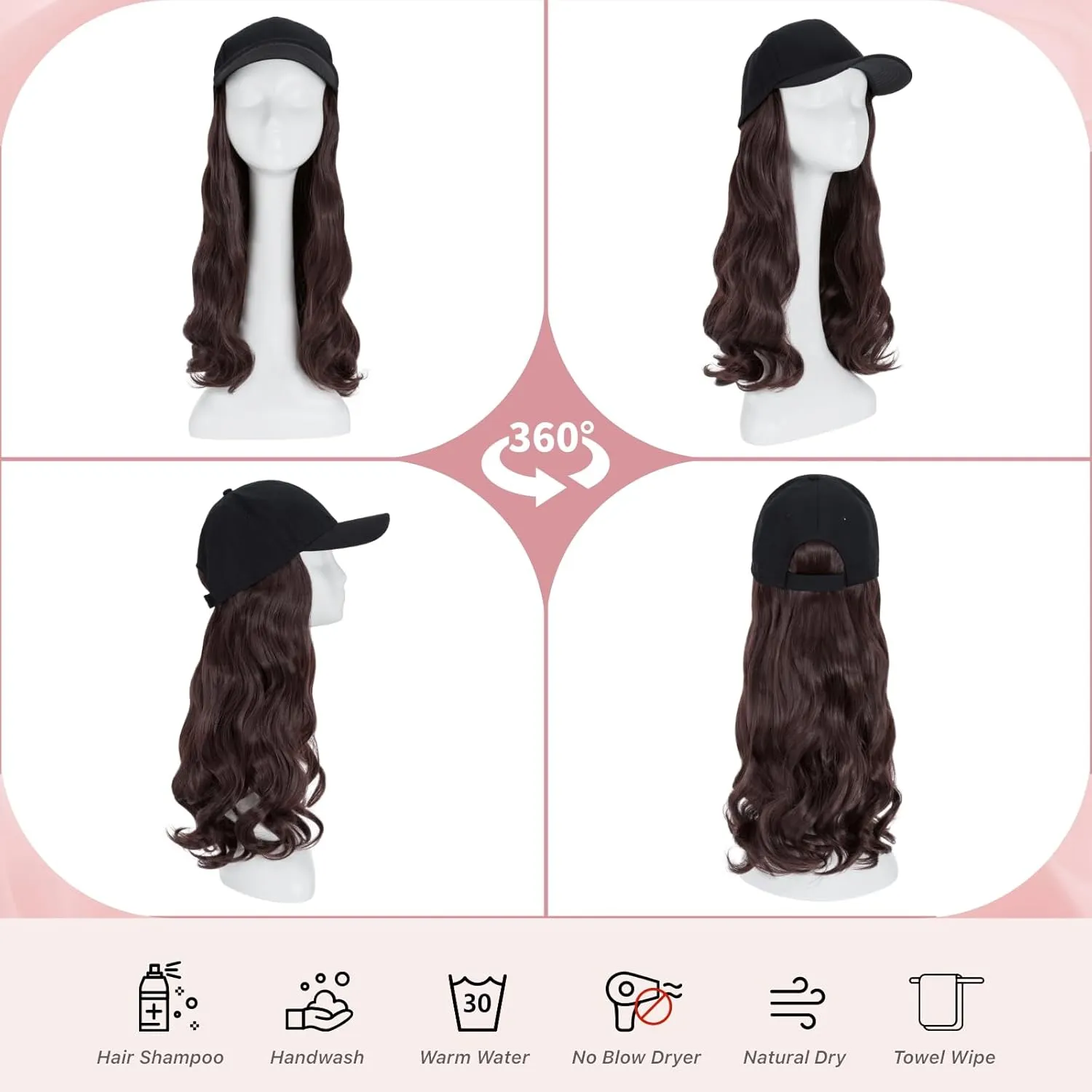 SEGO Hat Wig, Hat with Hair Attached for Women Black Baseball Cap with Hair Extensions, Long Wavy Baseball Cap Wig Adjustable Hats for Daily Party #99J