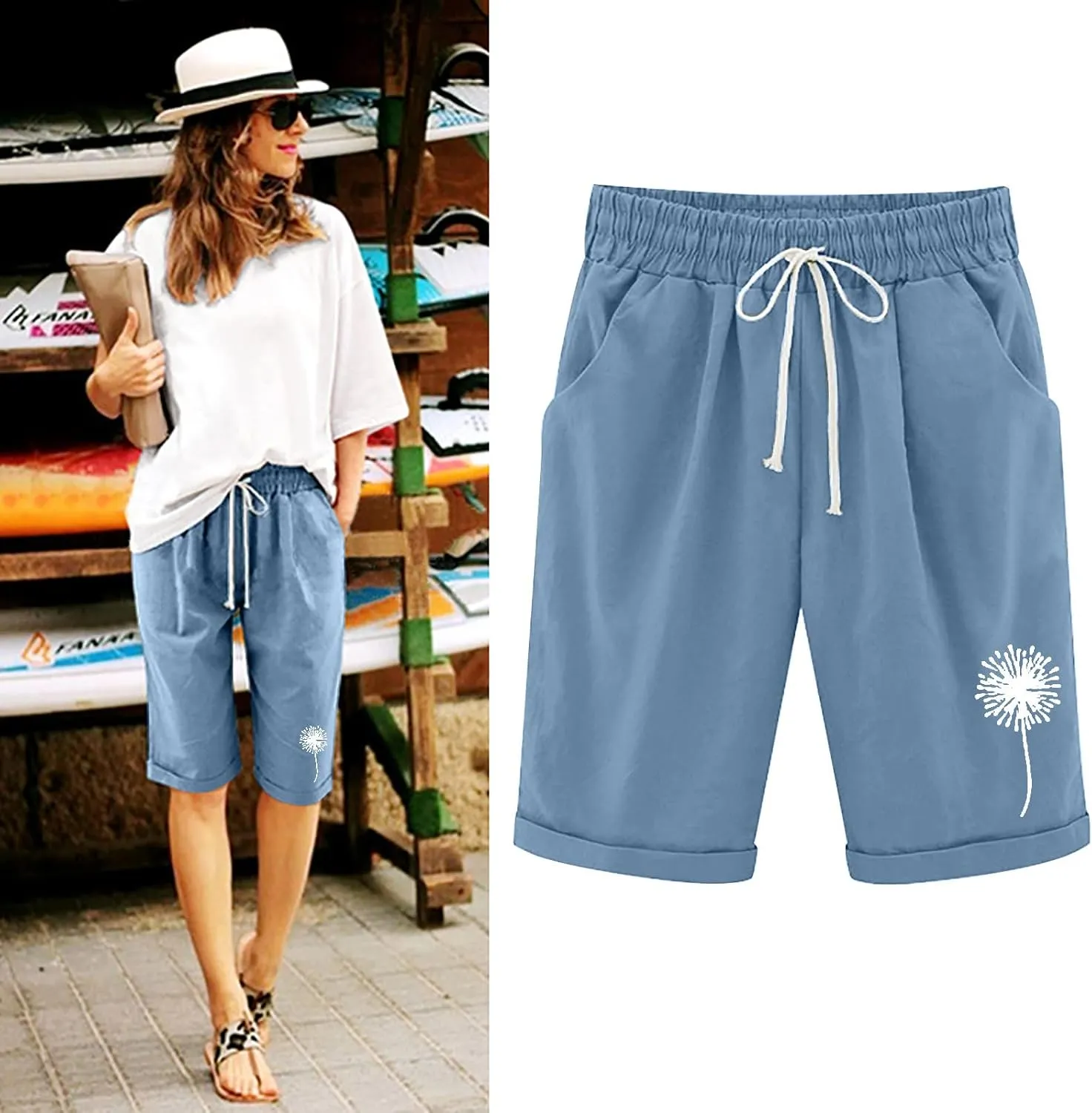 SHAOBGE Shorts for Women Trendy Summer 2024 Beach Drawstring Knee Length Shorts Loose Fit Resort Wear Fashion Clothes