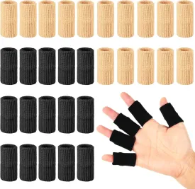 Skylety 30 Pieces Finger Sleeves with 1 Storage Bag, Thumb Splint Brace Support Protector Breathable Elastic Finger Tape for Pain Relief Arthritis Trigger Sports Basketball Baseball(Beige, Black)