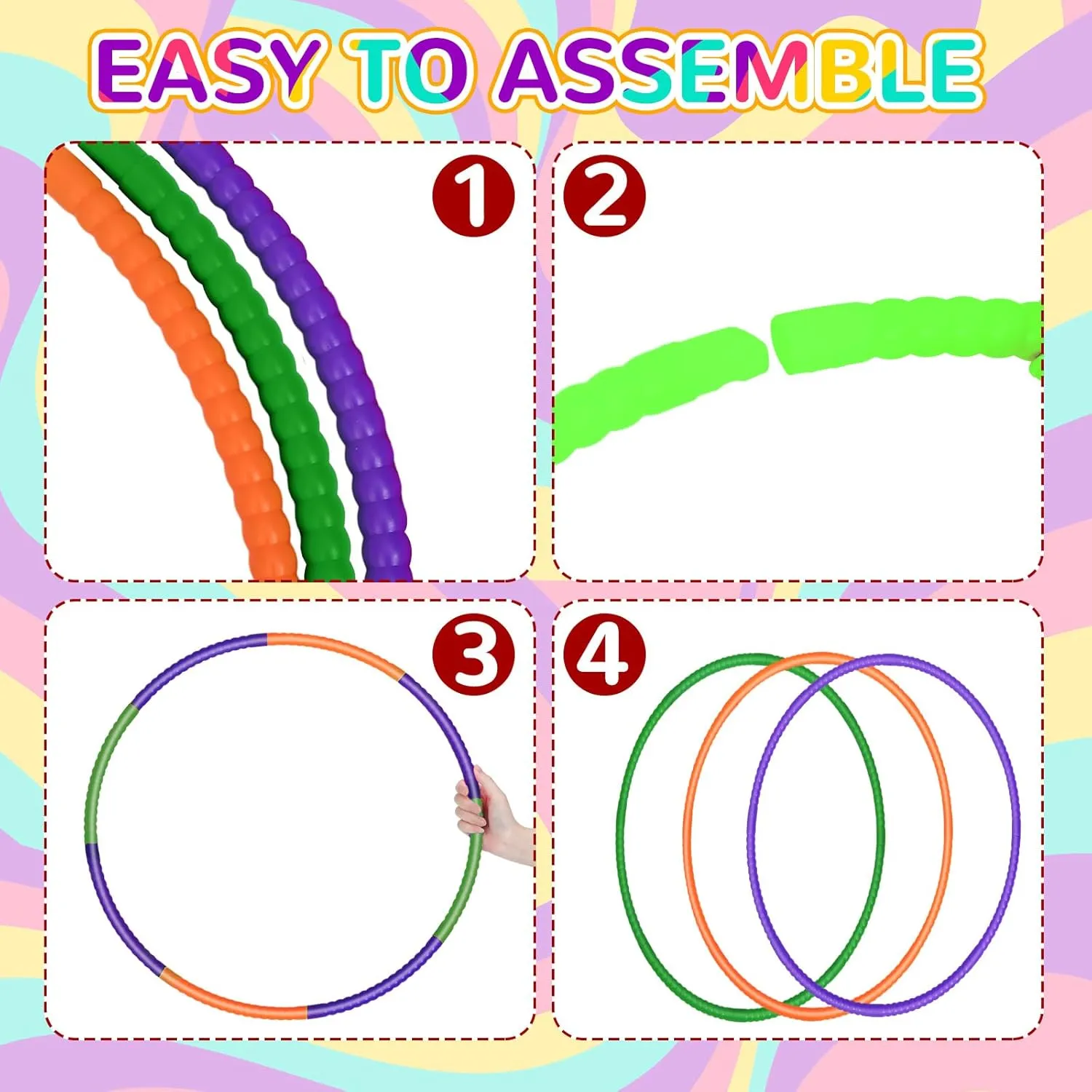Sratte 6 Pcs Exercise Hoop Detachable Adjustable Plastic Hoops Snap Together Toy Ring Color Playground Toys for Girls and Boys Party Games, Sports, Exercise, Dog Training(28 Inch,Purple,Green,Orange)