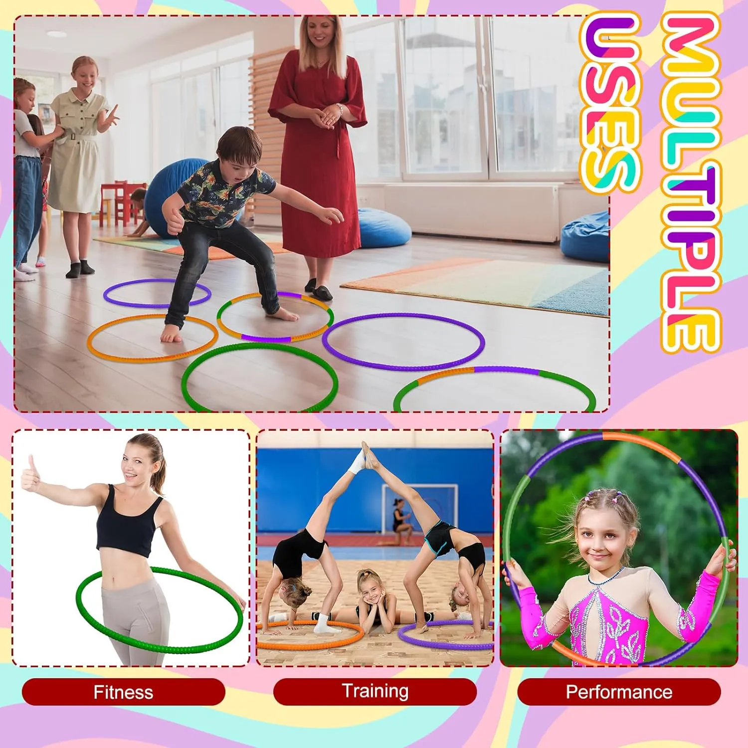 Sratte 6 Pcs Exercise Hoop Detachable Adjustable Plastic Hoops Snap Together Toy Ring Color Playground Toys for Girls and Boys Party Games, Sports, Exercise, Dog Training(28 Inch,Purple,Green,Orange)