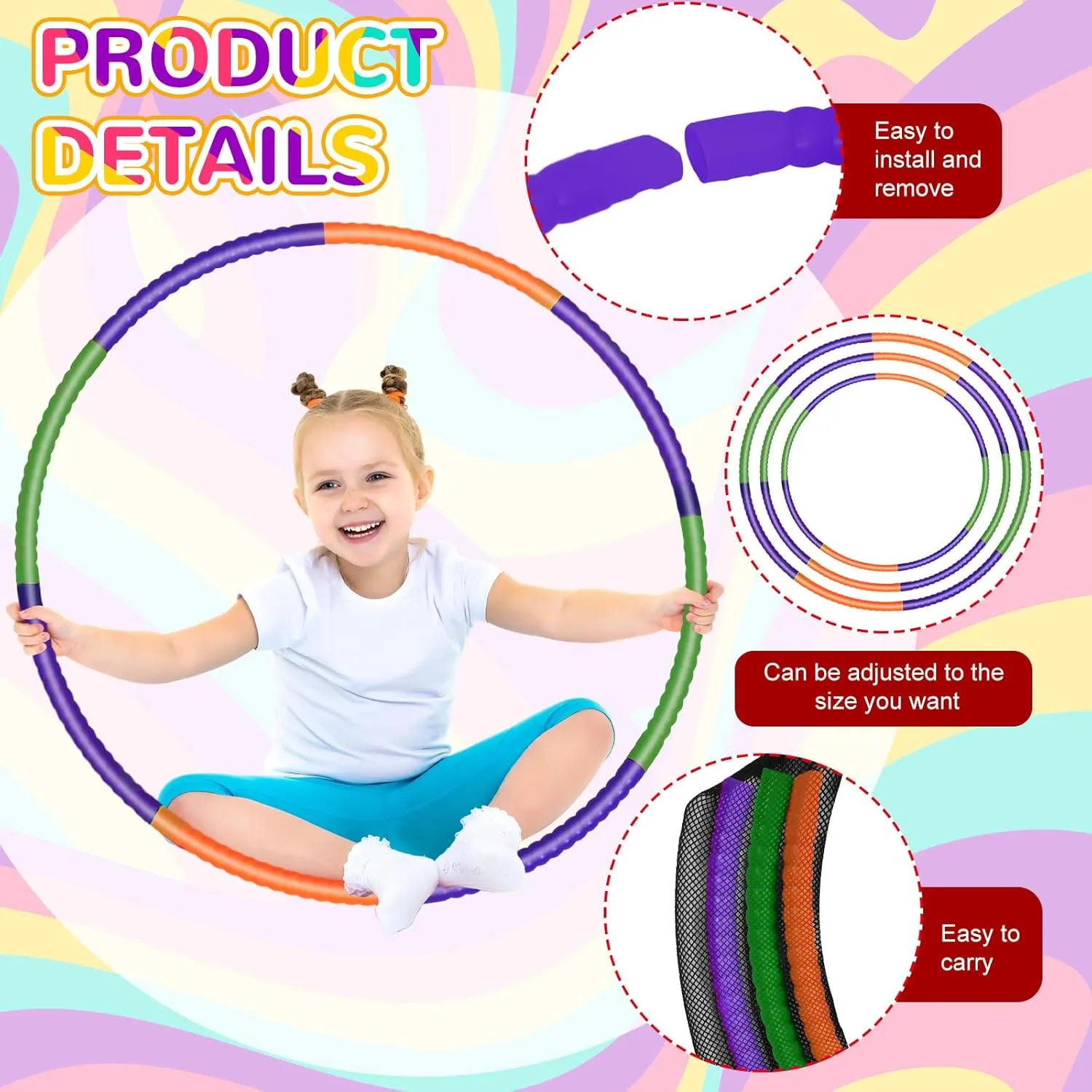 Sratte 6 Pcs Exercise Hoop Detachable Adjustable Plastic Hoops Snap Together Toy Ring Color Playground Toys for Girls and Boys Party Games, Sports, Exercise, Dog Training(28 Inch,Purple,Green,Orange)