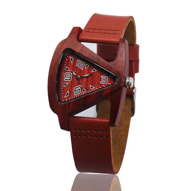 Unisex Charm Glass Bamboo Wooden WatchesFor Men and Women Fashion  Triangle Genuine   Leather Analog Quartz  Wrist Watch