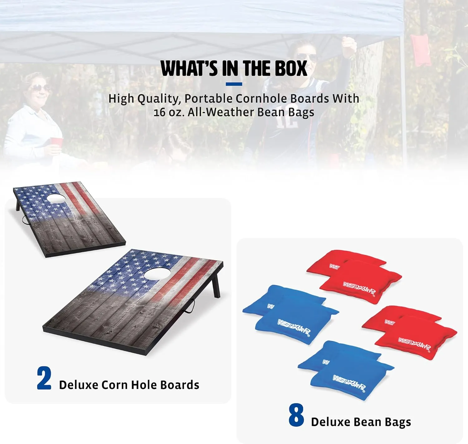 Wild Sports 2x3 or 2x4 Cornhole Outdoor Game Set, USA Flag or Natural Wood Options with Carry Bag Included  Perfect for Backyard, Beach, and Tailgates, Add On Extra Bags
