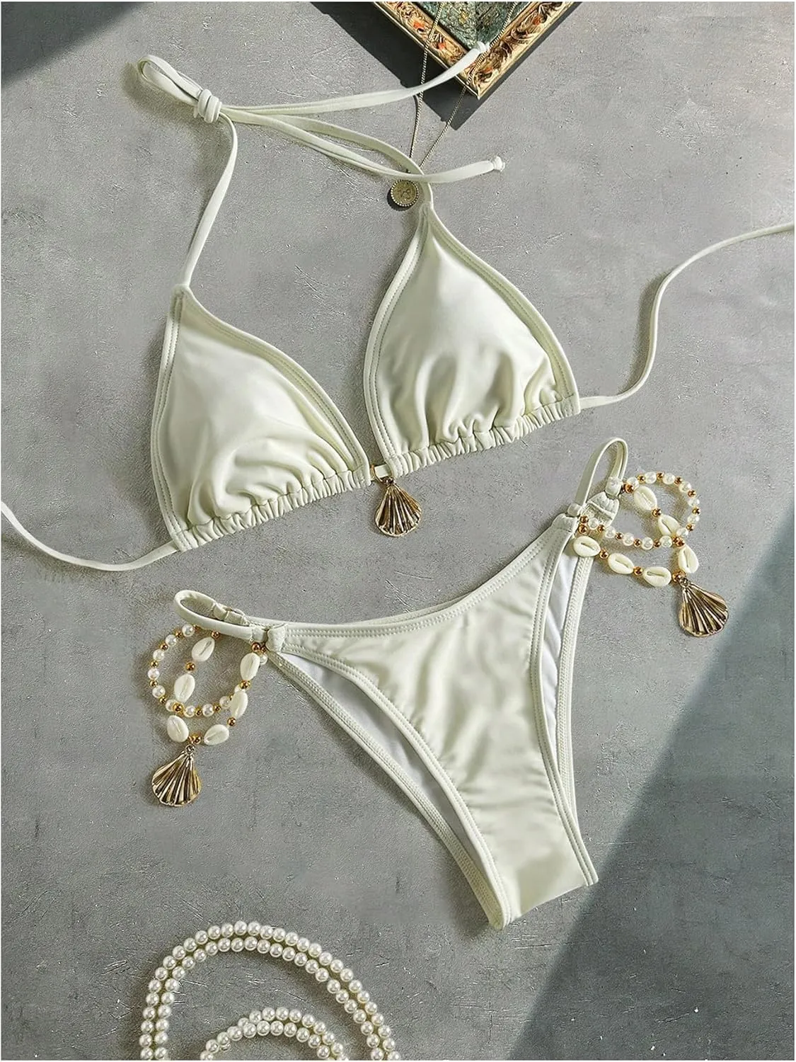 Women's 2 Piece Bathing Suit Shell Beaded Halter Triangle High Cut Cheeky Bikini Swimsuit Beachwear