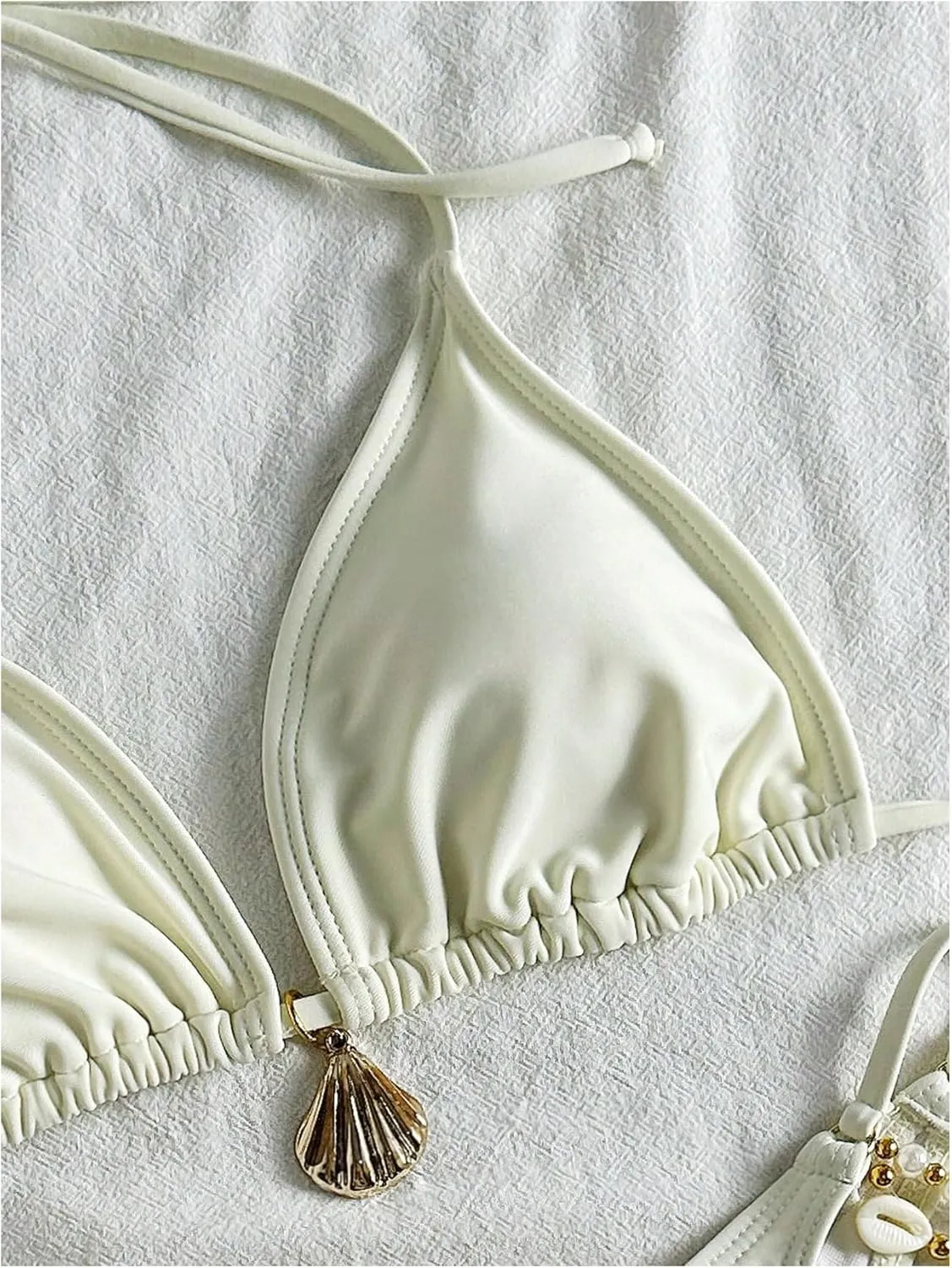 Women's 2 Piece Bathing Suit Shell Beaded Halter Triangle High Cut Cheeky Bikini Swimsuit Beachwear