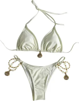 Women's 2 Piece Bathing Suit Shell Beaded Halter Triangle High Cut Cheeky Bikini Swimsuit Beachwear