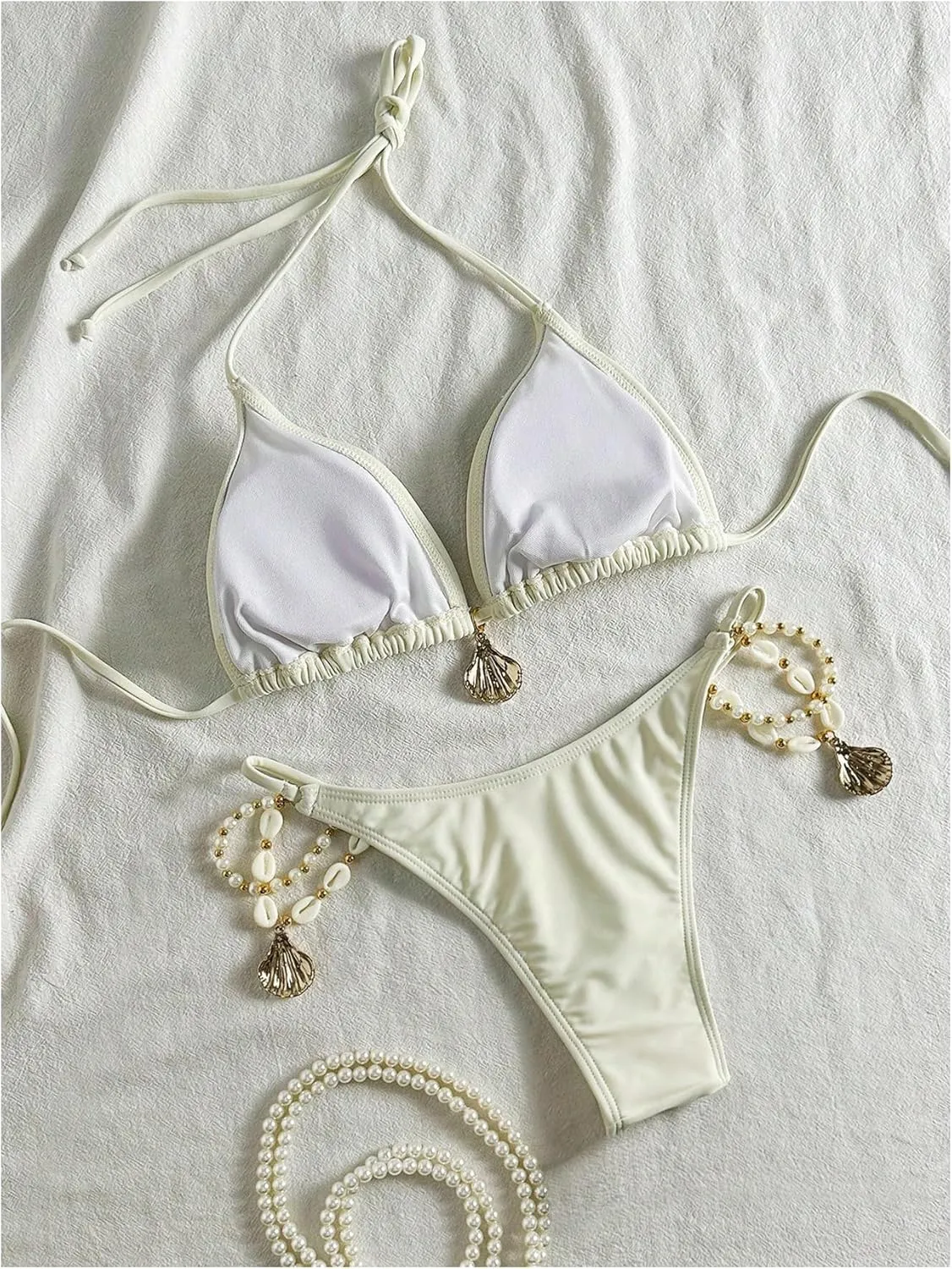 Women's 2 Piece Bathing Suit Shell Beaded Halter Triangle High Cut Cheeky Bikini Swimsuit Beachwear