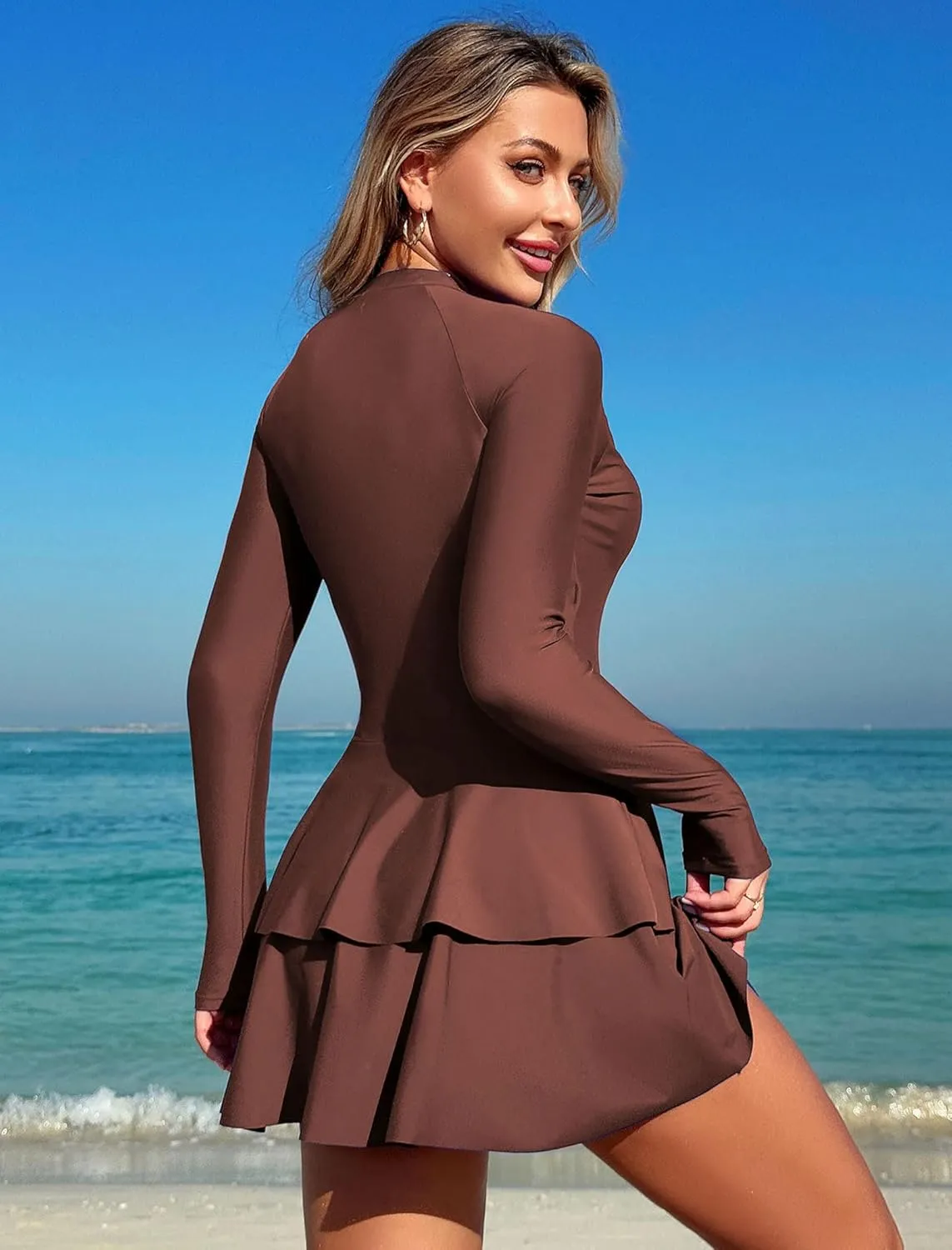 ZAFUL Women's One Piece Rash Guard Long Sleeve Modest Swimsuits Dress Zipper Bathing Suit Swimskirt
