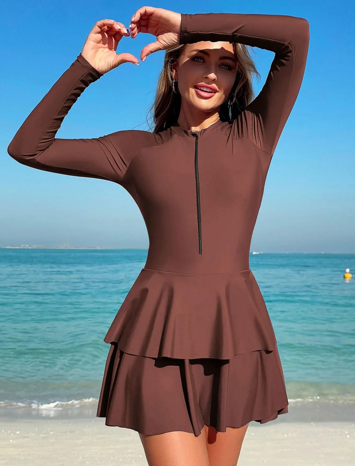ZAFUL Women's One Piece Rash Guard Long Sleeve Modest Swimsuits Dress Zipper Bathing Suit Swimskirt