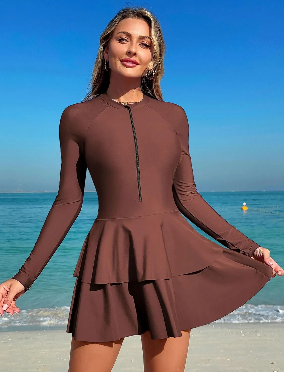 ZAFUL Women's One Piece Rash Guard Long Sleeve Modest Swimsuits Dress Zipper Bathing Suit Swimskirt