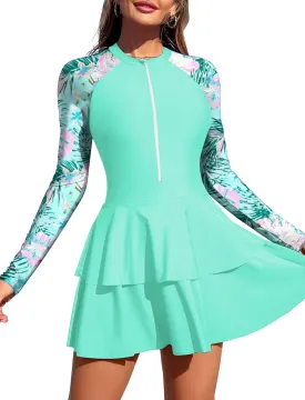 ZAFUL Women's One Piece Rash Guard Long Sleeve Modest Swimsuits Dress Zipper Bathing Suit Swimskirt