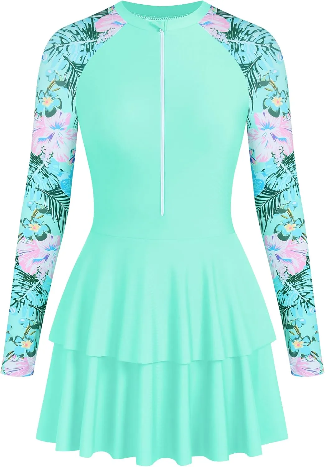 ZAFUL Women's One Piece Rash Guard Long Sleeve Modest Swimsuits Dress Zipper Bathing Suit Swimskirt