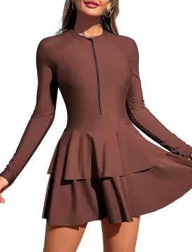 ZAFUL Women's One Piece Rash Guard Long Sleeve Modest Swimsuits Dress Zipper Bathing Suit Swimskirt