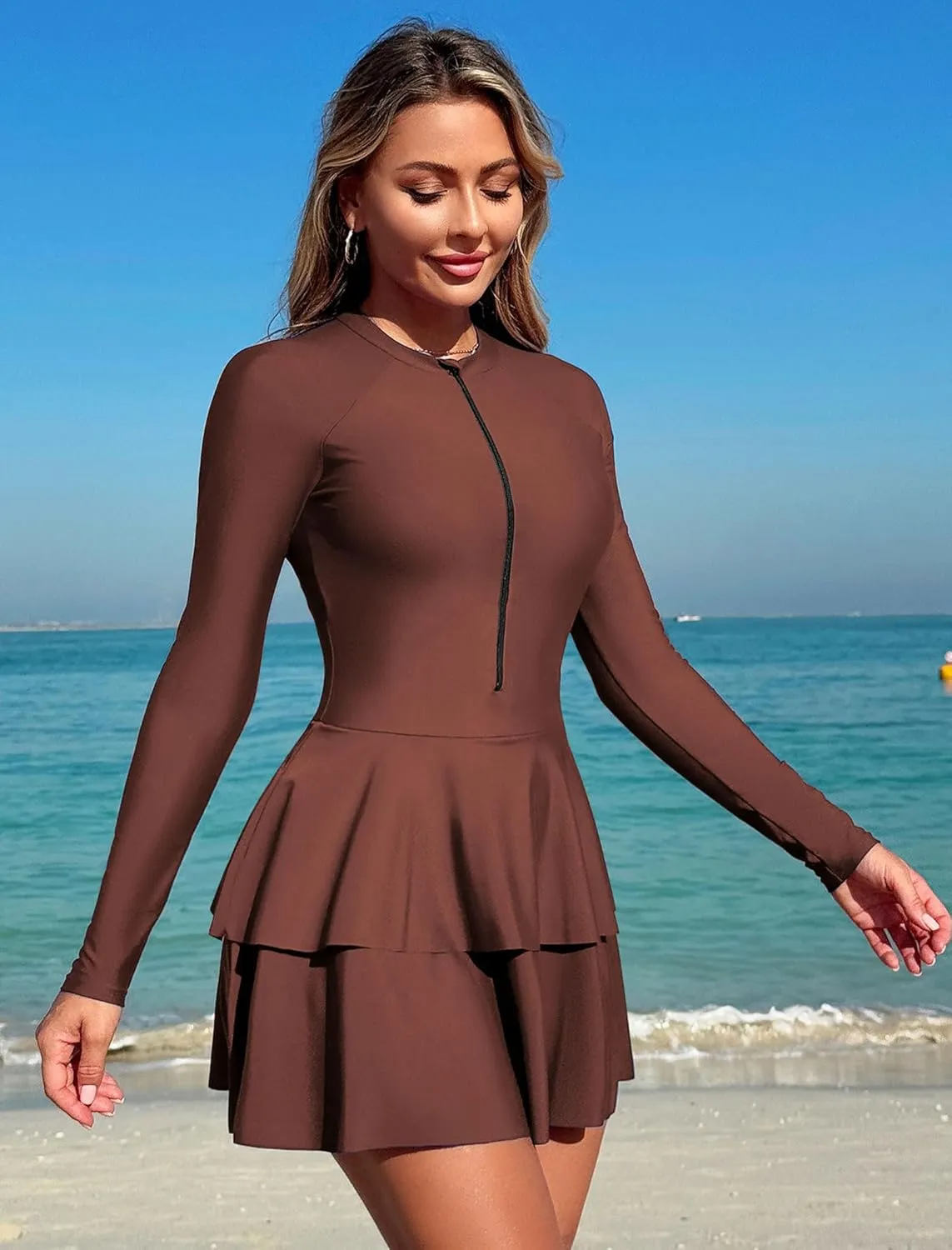 ZAFUL Women's One Piece Rash Guard Long Sleeve Modest Swimsuits Dress Zipper Bathing Suit Swimskirt