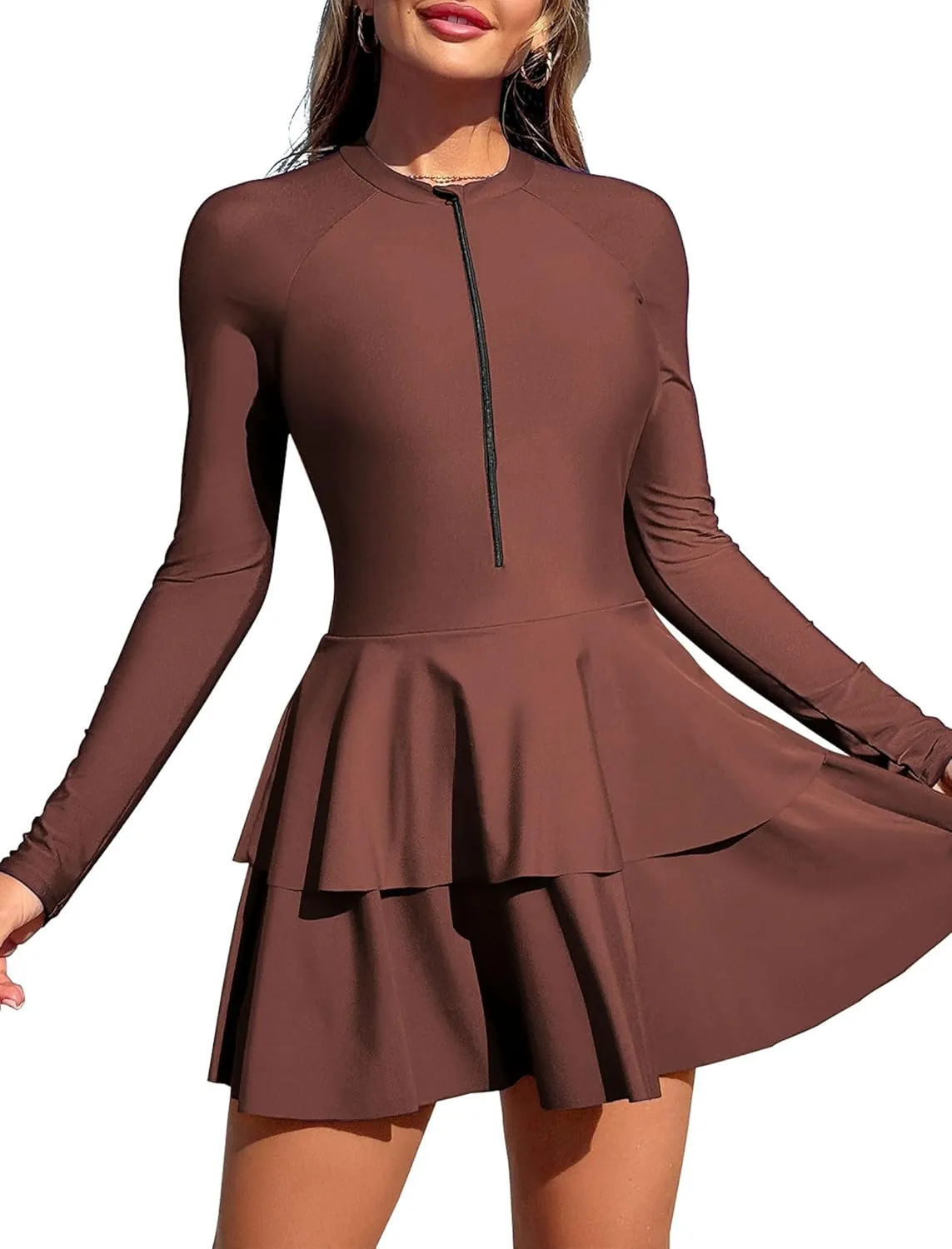 ZAFUL Women's One Piece Rash Guard Long Sleeve Modest Swimsuits Dress Zipper Bathing Suit Swimskirt