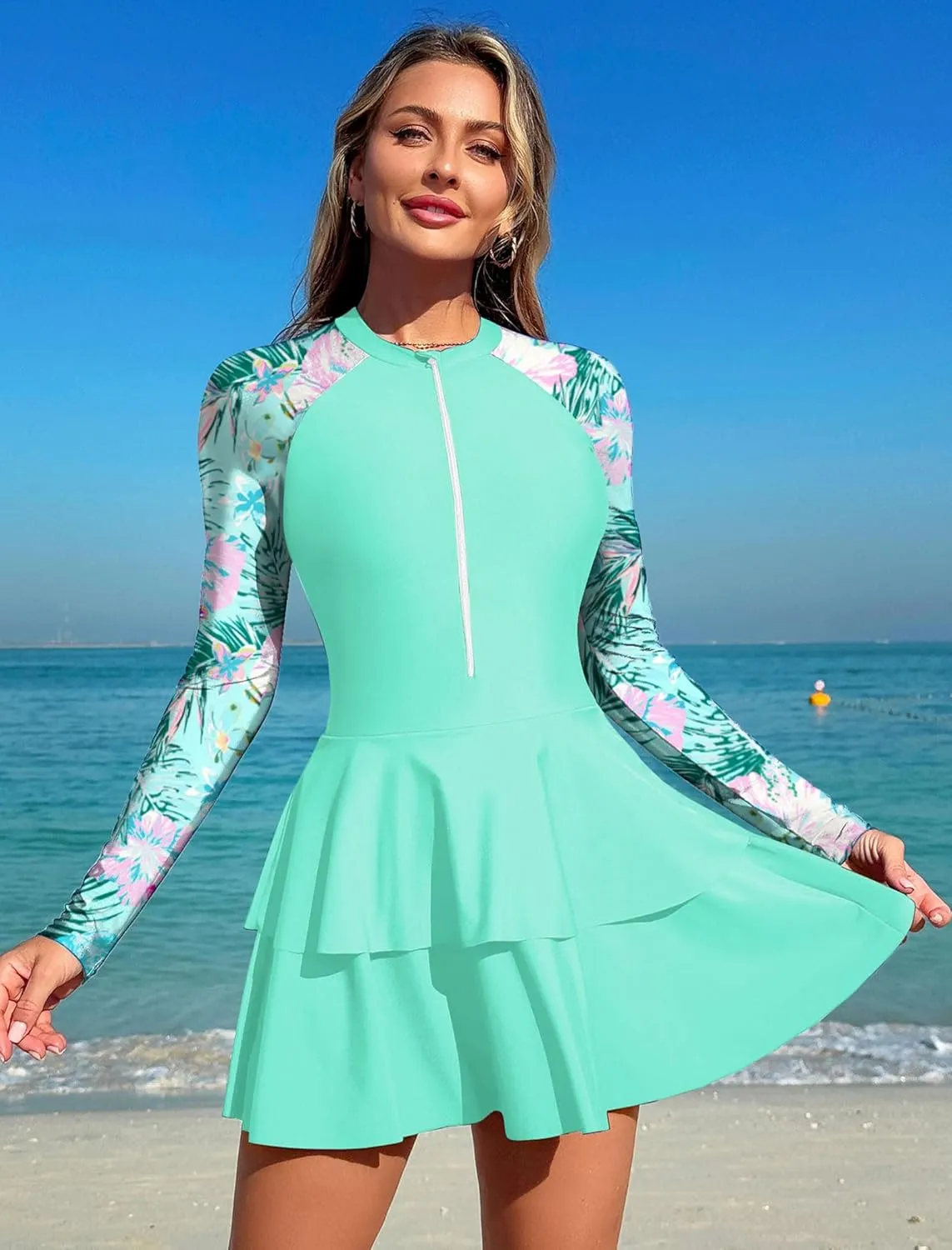 ZAFUL Women's One Piece Rash Guard Long Sleeve Modest Swimsuits Dress Zipper Bathing Suit Swimskirt