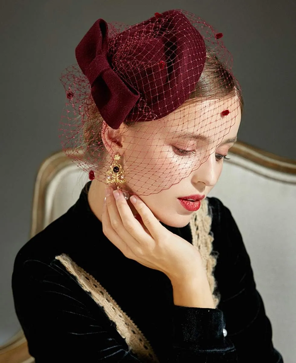 Z&X British Vintage Wool Felt Pillbox Hat Ladies Church Derby Winter Fascinator Hat Veil Flower Fedoras
