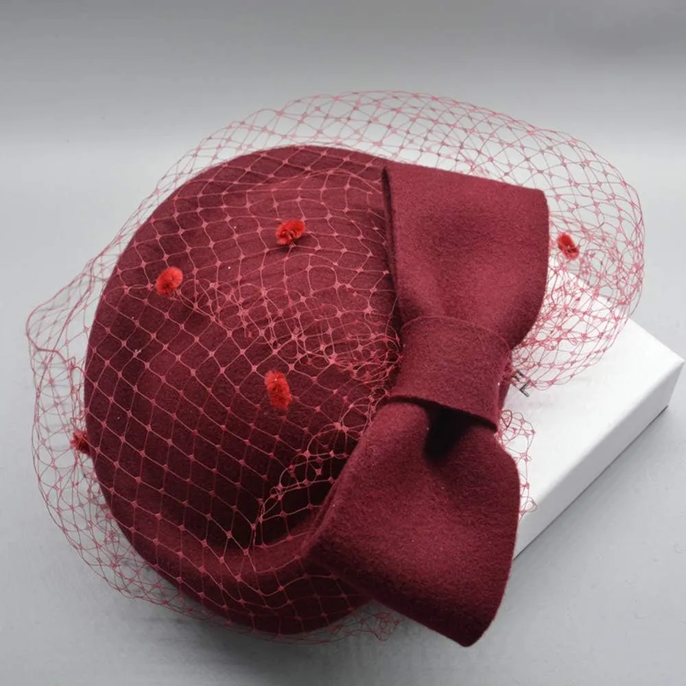 Z&X British Vintage Wool Felt Pillbox Hat Ladies Church Derby Winter Fascinator Hat Veil Flower Fedoras