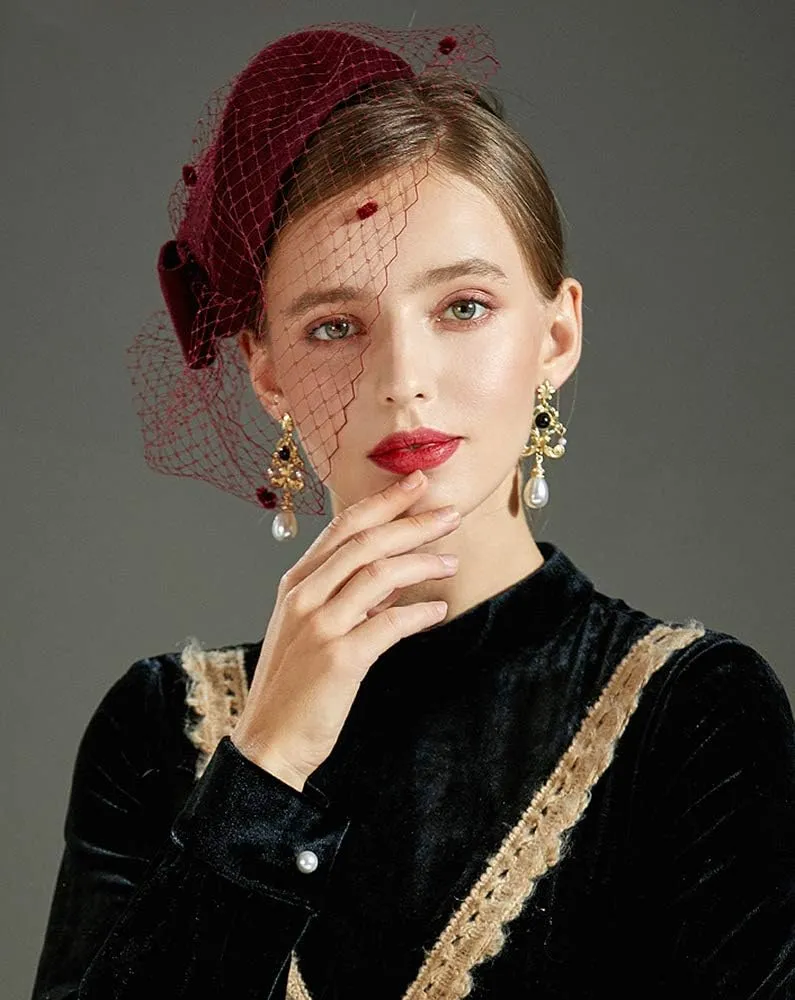 Z&X British Vintage Wool Felt Pillbox Hat Ladies Church Derby Winter Fascinator Hat Veil Flower Fedoras