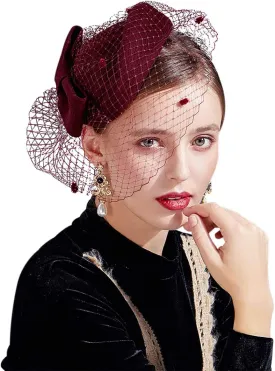 Z&X British Vintage Wool Felt Pillbox Hat Ladies Church Derby Winter Fascinator Hat Veil Flower Fedoras