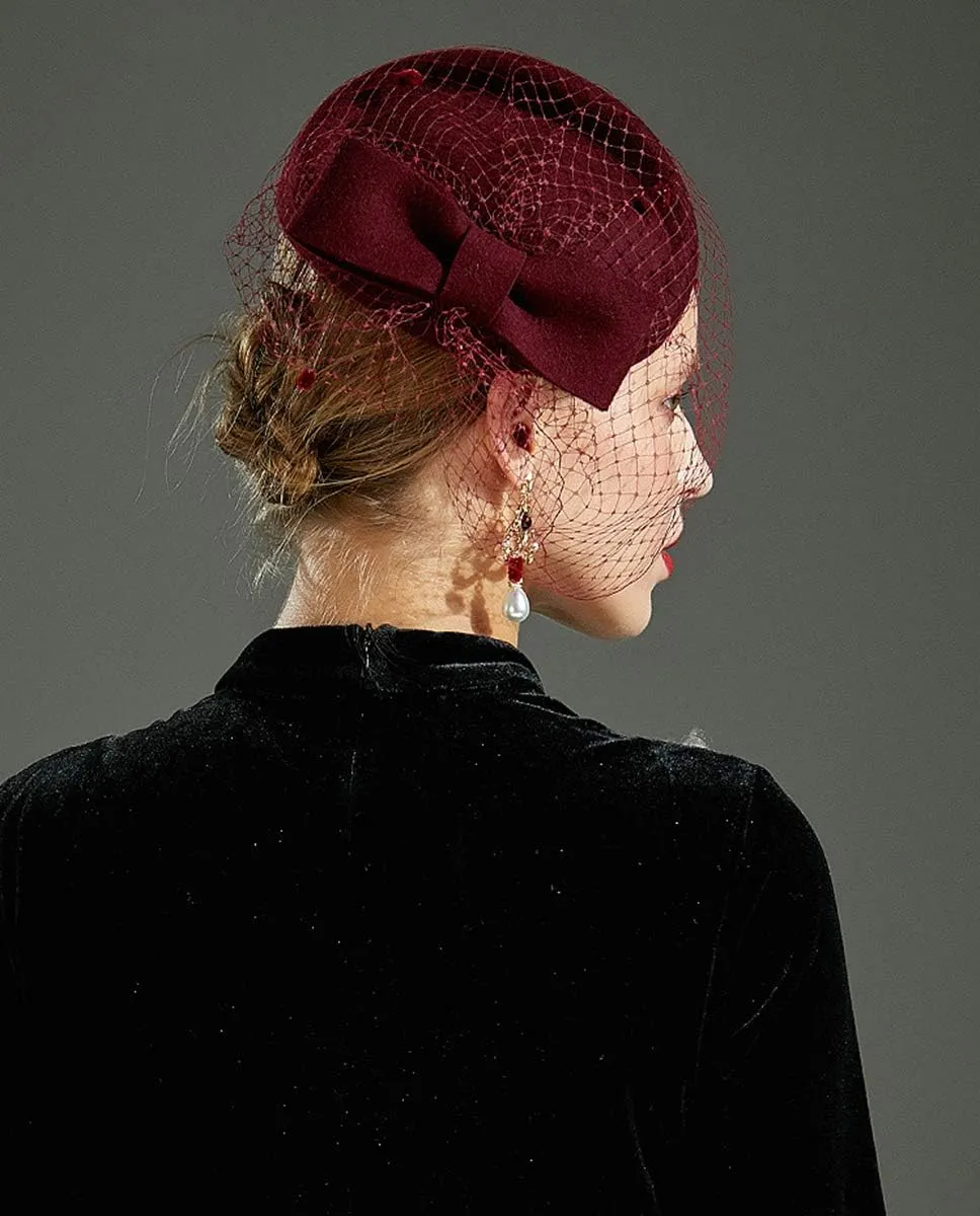 Z&X British Vintage Wool Felt Pillbox Hat Ladies Church Derby Winter Fascinator Hat Veil Flower Fedoras